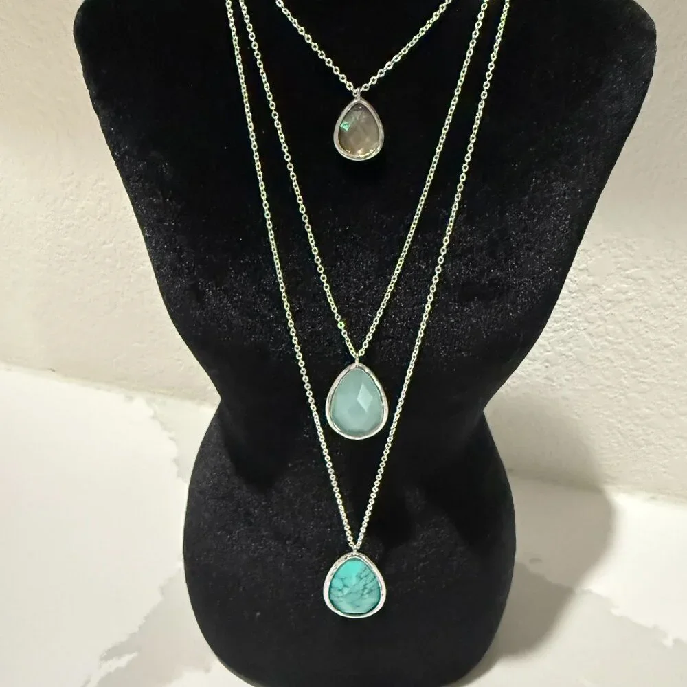 New Chloe + Isabel Silver Turquoise Minaret Hammered 3-Row Convertible Necklace - Picture 1 of 1